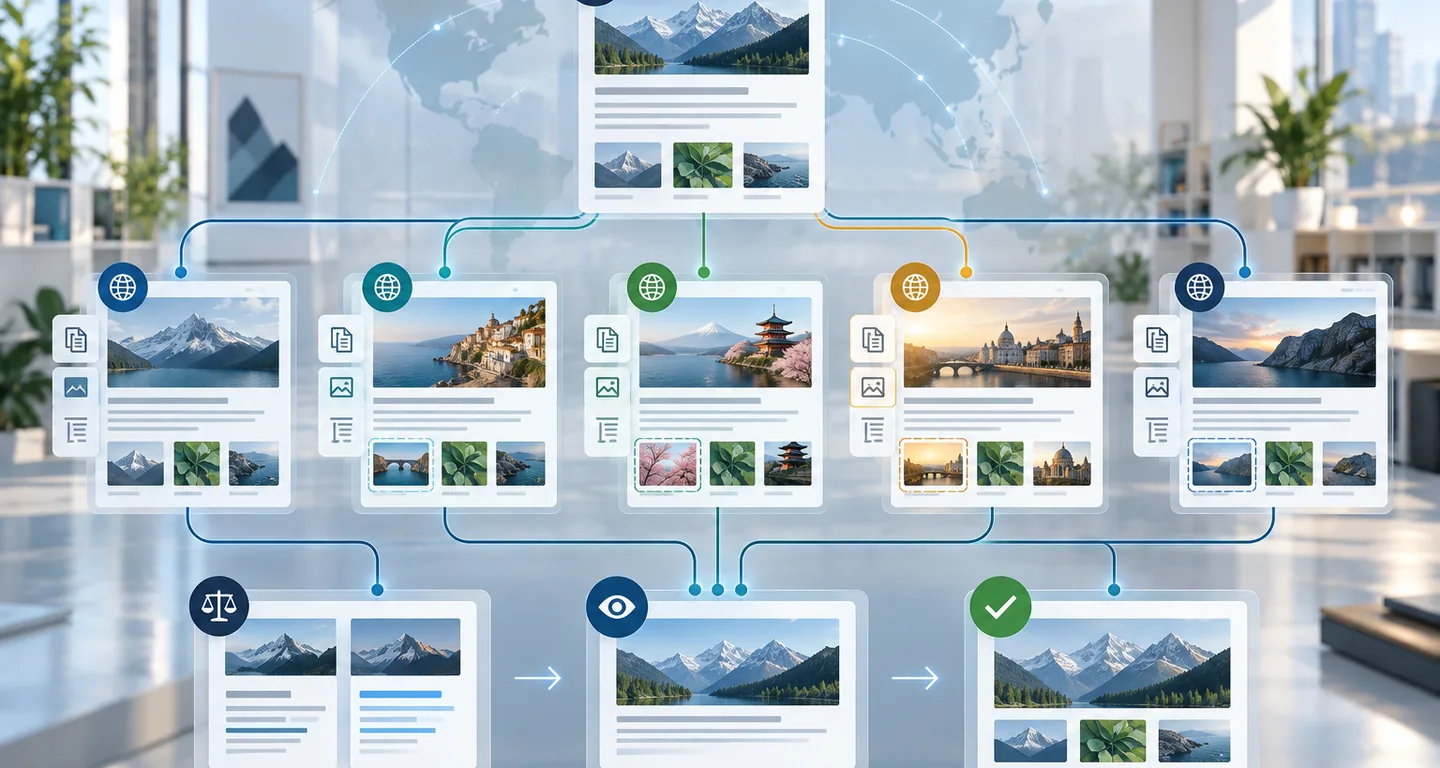 AEM language master branching into regional language and country pages before preview and publication
